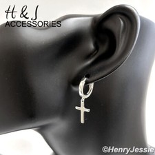 MEN WOMEN REAL 925 STERLING SILVER PLAIN DANGLE CROSS HUGGIE HOOP EARRING ASE244