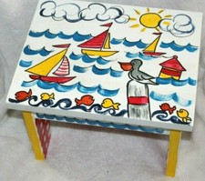 Handpainted Stool w/Sailboats on Water Fish Sun Clouds Seagull Scene 12"x9.5x8.5