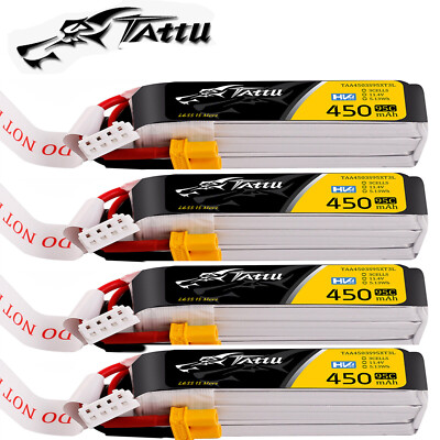 4X Tattu 450mAh 95C 11.4V 3S Lipo Akku HV Long XT30U-F Für 90-150mm Multirotor