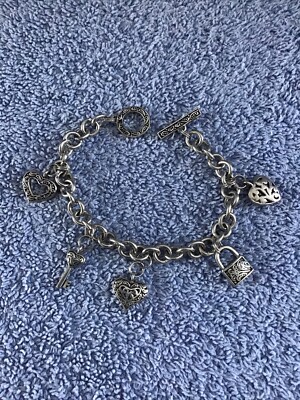 Heart Charm Bracelet Silver PUFFY HEART Lock & Key FILIGREE Swirl TOGGLE CLASP