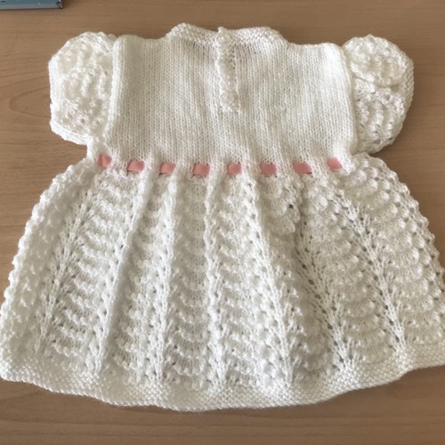 Hand Knitted Dress Age 0-3 Months, Blue and White Striped with White Ribbon - Picture 3 of 7