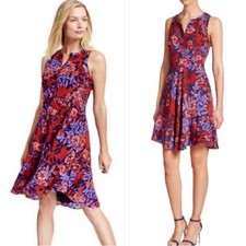 Rebecca Taylor 100% Silk Floral Mini Dress US 2 Red Blue Feminine Party Preppy