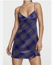 VICTORIA S SECRET Velvet V-Neck Slip Dress Lounge nightgown Blue Plaid Sz Sm