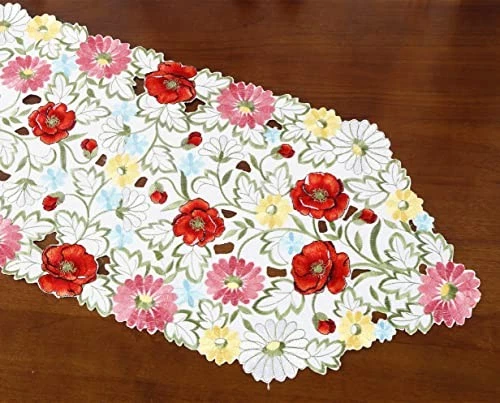 Spring Flower Table Runner Embroidered Runner 13"×36" Floral Table Runner Red - Image 4 of 4