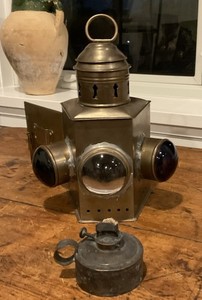 vintage working marine signal lantern ; 3 lens brass oil lamp