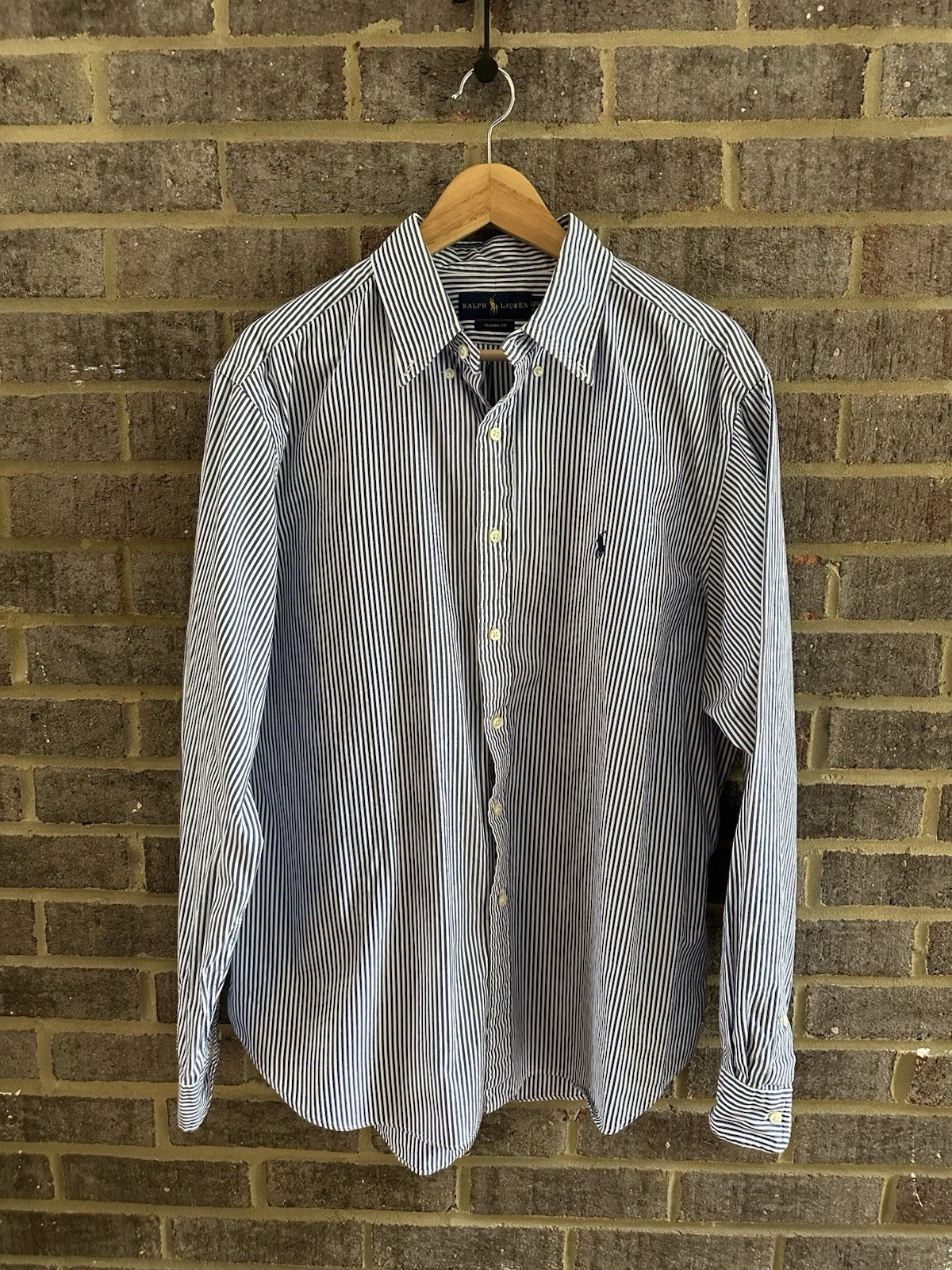 Ralph Lauren Classic Fit Blue Striped Button Down 17.5” 36/37 Unisex Cotton