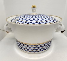 Russian Lomonosov Porcelain Cobalt Net Tulip White Blue & Gold Soup Tureen