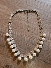 Faux Pearl And Rhinestone Collar Necklace Adjustable Lobster Clasp Women's...