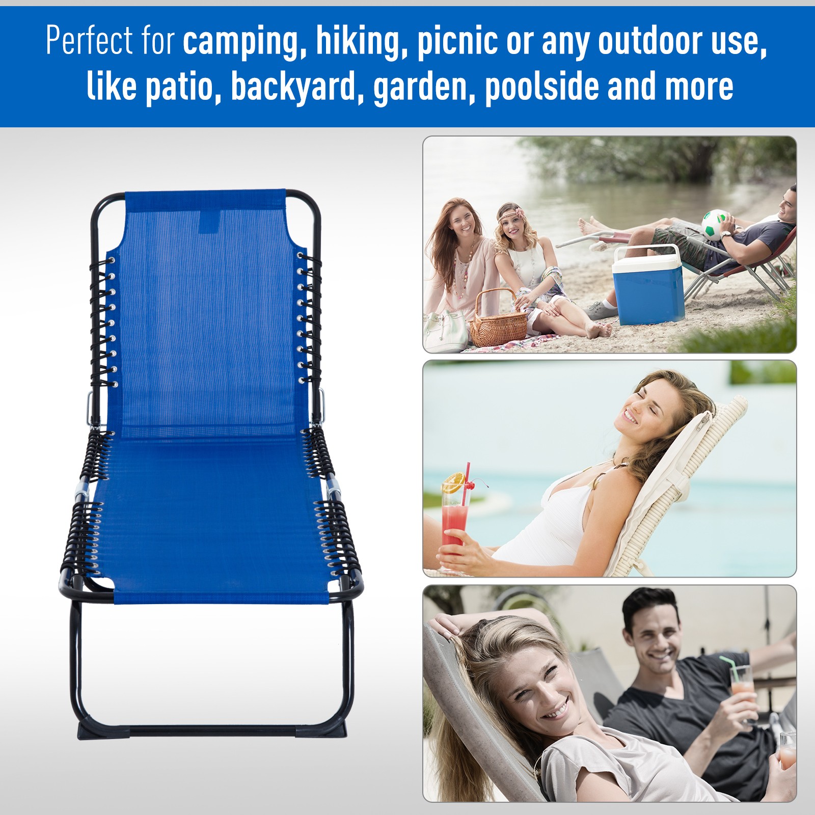 Foldable Chaise Lounge Chair Reclining Back Breathable Mesh for Poolside Camping