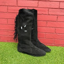 Vintage 80s Leather Fringe Boots Womens Black Suede Tall Moccasin Sole Size 7.5
