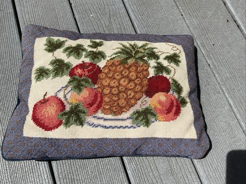 Vintage Wool Needlepoint Pillow Pineapple/Apples Blue Velvet 15” X 11”