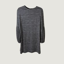 Maggy London Striped Puff Sleeve Dress Grey Black Size 6 Preppy Mod Minimalist