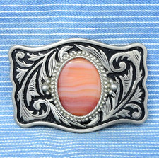 Western Scroll Belt Buckle Orange Banded Agate Cowgirl Cowboy Vtg 80s  .CPA860
