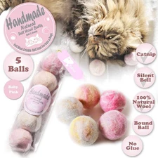 Felt Wool Cat Toys Ball with Catnip and Bell, Natural Handmade (Baby Pink (5 ...