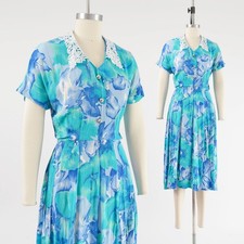Vintage 90s Blue Watercolor Floral Grannycore White Lace Collared Midi Dress XS