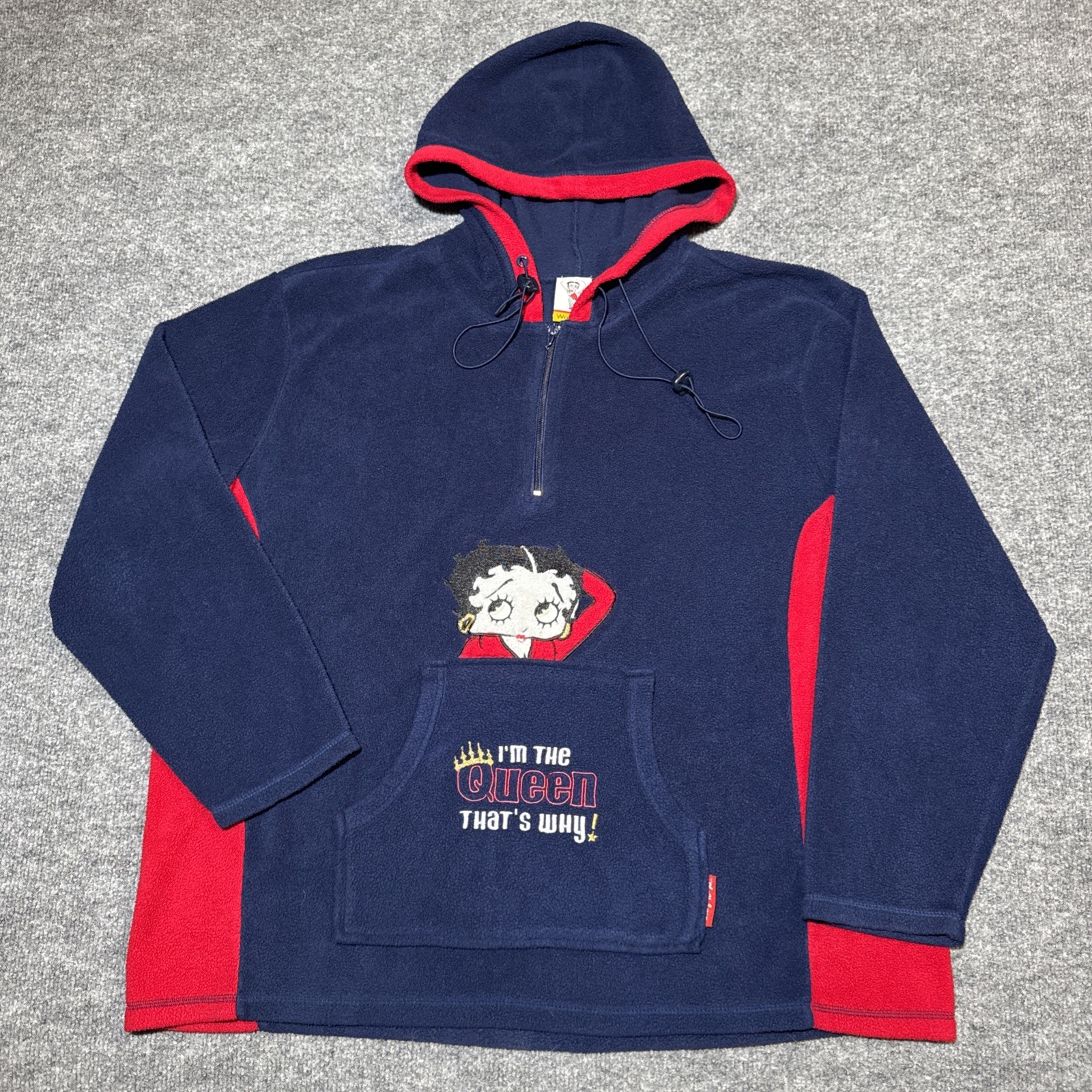 VTG Betty Boop Quarter Zip Up Soft Fuzzy Fleece Hoodie Women's XL Navy Red Queen