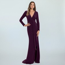 Betsy Adam Womens Ruched V-Neck Ruffle Trim Gown Dress Bordeaux NWOT 219