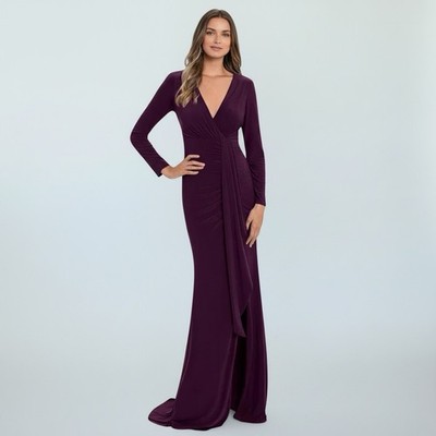 Betsy & Adam Womens Ruched V-Neck Ruffle Trim Gown Dress Bordeaux NWOT $219