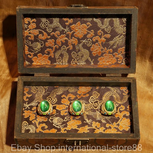 8" Old China Lacquer Ware Palace Double Dragon Cloisonne Green Gems Ring Box