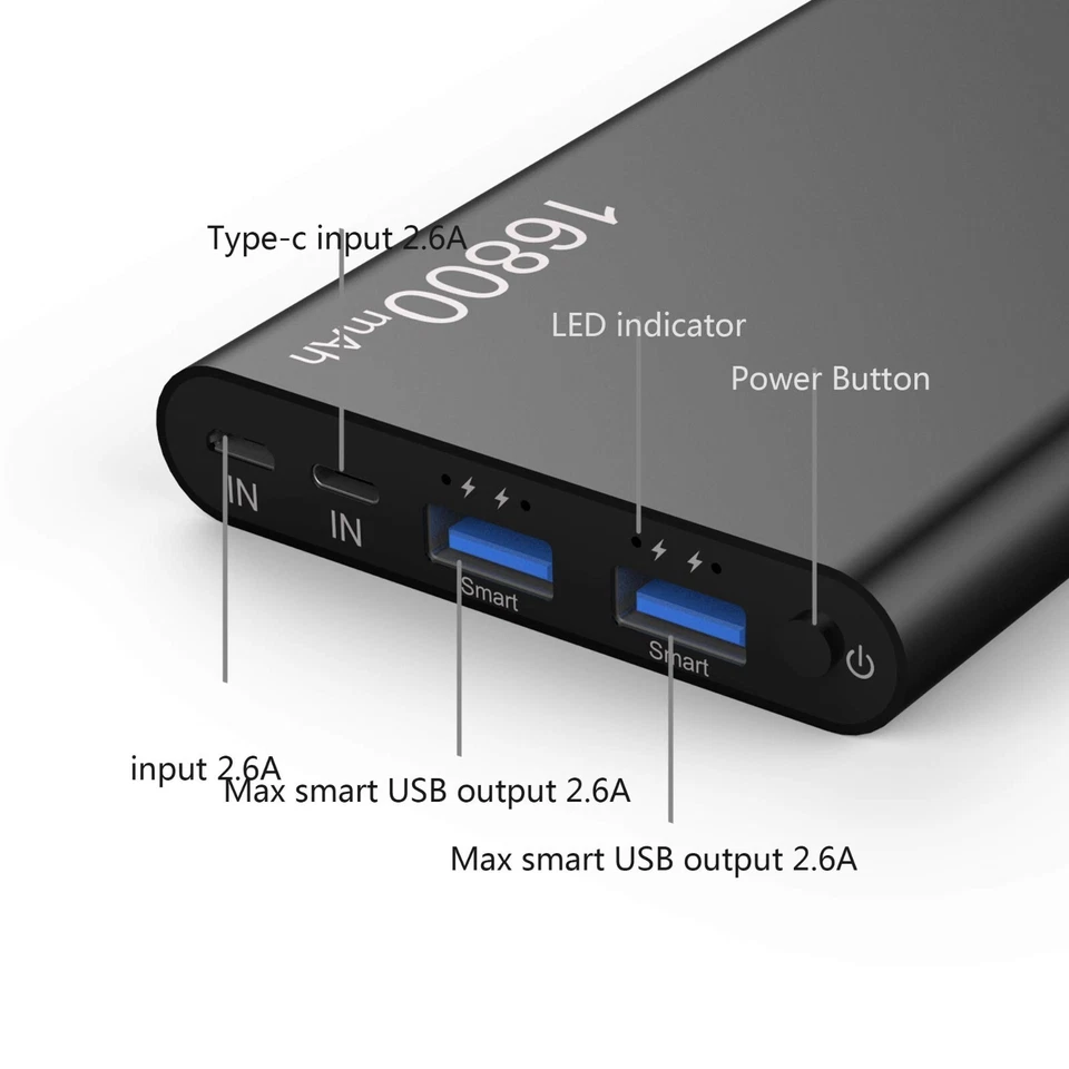 Batería Externa Portátil Delgada 2 Usb Gran Capacidad Banco de Alimentación Cargador 16800mAh Foto 2 de 4