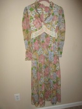 Vtg 70's Act I Pink Floral Cottagecore Prairie Lace Trim Belt Maxi Dress Sz 13