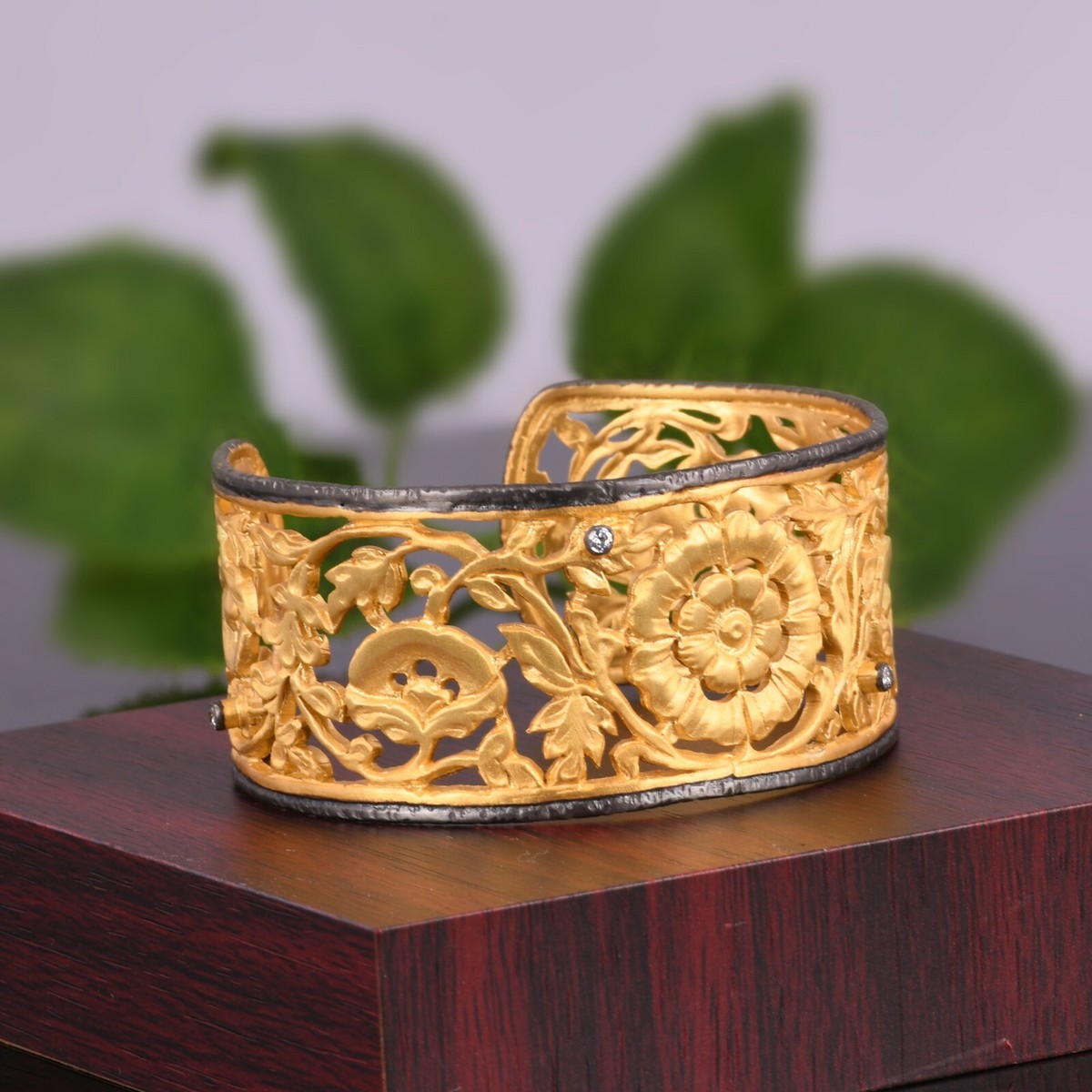 18K Gold Plated Flower Designer Wide CZ Cuff Bangle Women Wedding