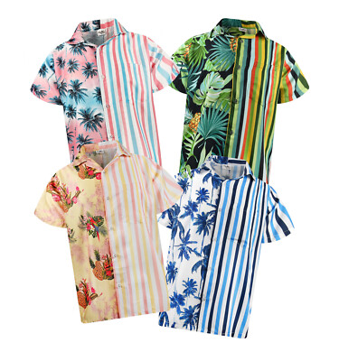 King Kameha Hawaiihemd Streifen Mix Hawaiian Shirt Multi Kurzarm Front-Tasche