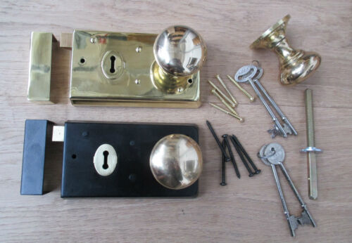 5.5" x 3"  TRADITIONAL OLD VINTAGE STYLE RIM DOOR LOCK & RIM KNOB SET HANDLES - Picture 1 of 5