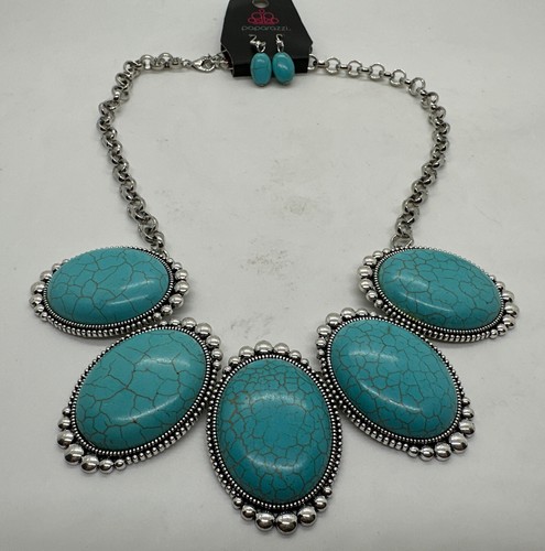 Paparazzi Necklace & Earrings Set Silver Tone W/ Turquoise Color Oval Stones NWT - Picture 5 of 7