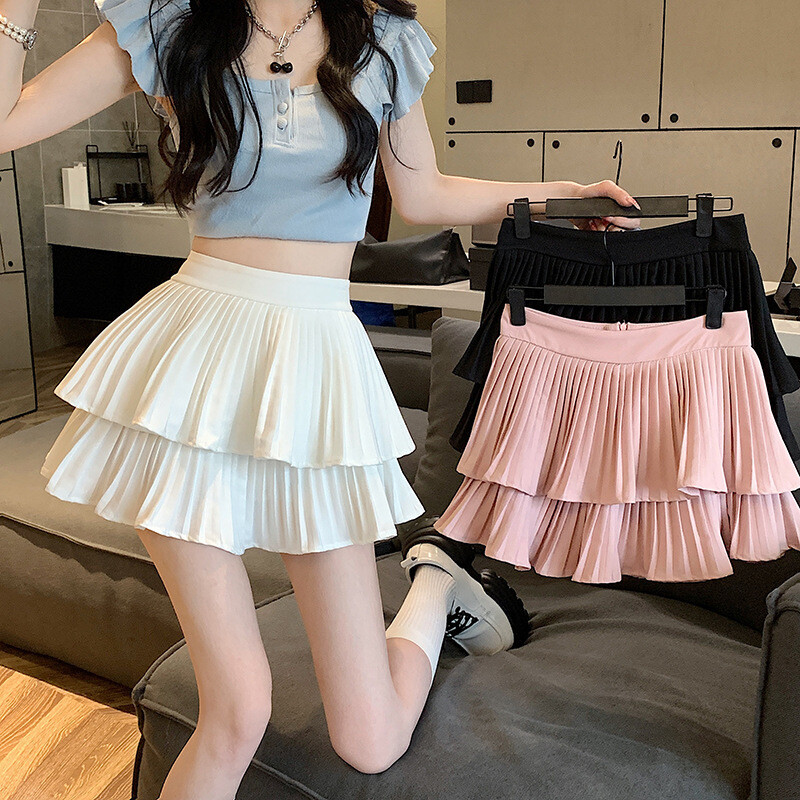 Double layered pleated skirt new high waisted short skirt