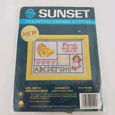 Vtg Sunset 1988 Birth Announcement Baby Girl Counted Cross Stitch 1425, 5" x 7"