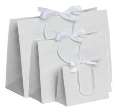White Luxury Boutique Ribbon Tie Gift Bag Rope Handles Baby Wedding Party Bags