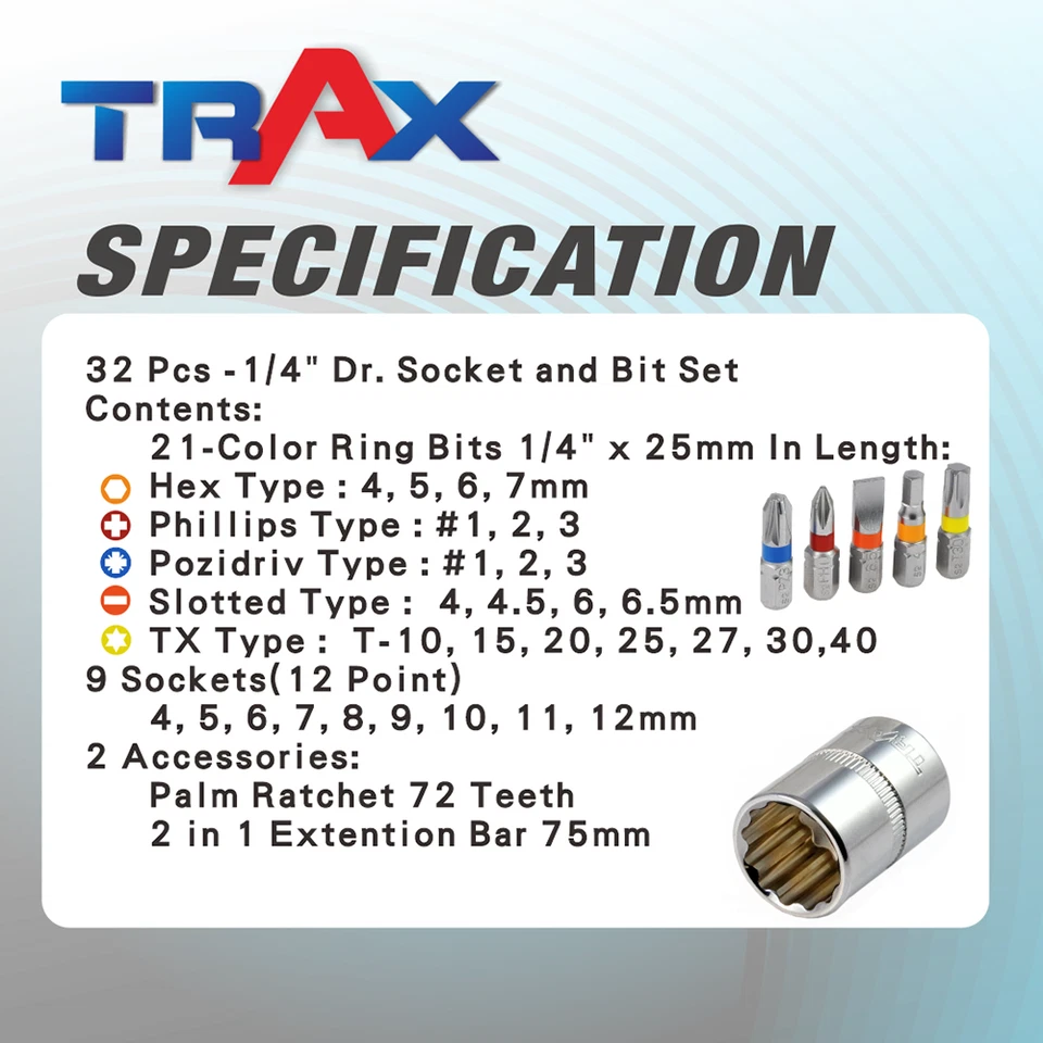 TRAX ARX-932032 Palm Ratchet Socket & Bit Set 1/4″ – 32Pc Compact Kit - image 2 of 4