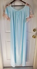 Vintage Val Mode Silky Blue Long Nightgown Lace Trim Hollywood Womens Medium New