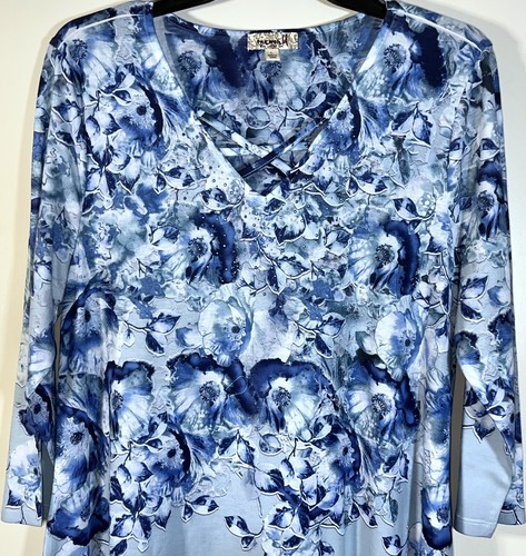 One World Blue Floral Flower Rhinestone Pullover V-Neck Tunic Blouse Shirt Top L - Picture 2 of 13