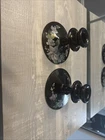 Pair Fenton Black Glass Hand Painted Lily Flower Candlesticks Matching Set