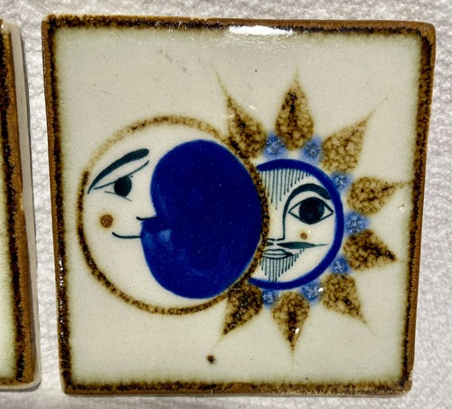 Hand Painted Talavera Vintage Ceramic Tiles (2) Mexican 4” X 4” Sun Moon - Picture 3 of 6