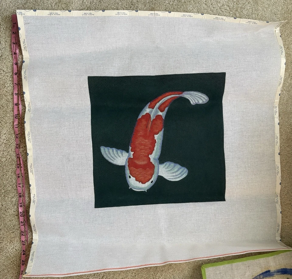 Asian Needlepoint Canvas Lot of 8 Geisha, Urn, Goldfish & a Cow to Complete - Image 3 of 4