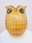 1970s Blenko Art Style Amber & White Blown Glass Owl Modernist Design Vase 10”