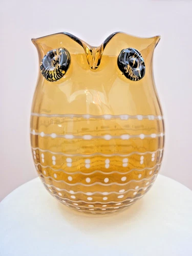 1970s Blenko Art Style Amber & White Blown Glass Owl Modernist Design Vase 10”