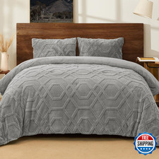 PHF King Sherpa Fleece Comforter Set, 3D Tufted Grey Bedding, Warm Soft 2-Piec