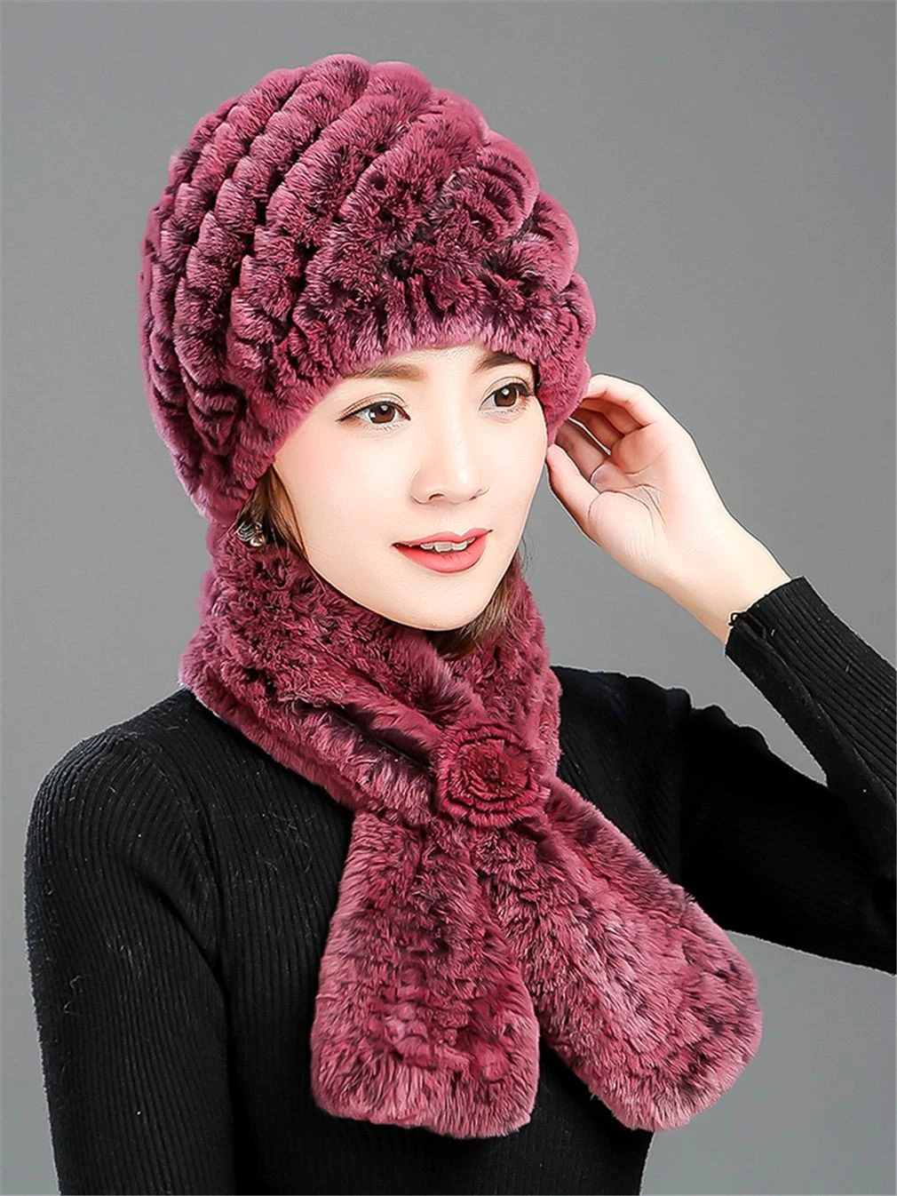 100% Real Rabbit Fur Hat and Scarf Thicken Winter Warm Knitted Cap for Women