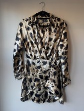 Mango MNG Leopard Animal Print Wrap Mini Dress Size M Collared Long Sleeve