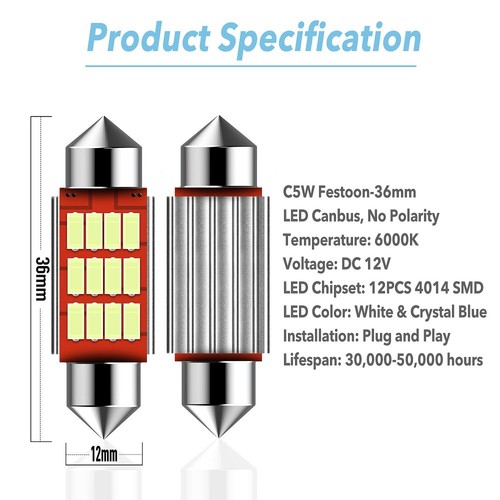 AUXITO 2 x 36mm SMD LED Car Interior Festoon Dome Light Bulbs Lamp Blue UK - Picture 3 of 9
