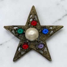 Vintage Jeweled Star Brooch 2" Faux Pearl Cabochon Rhinestone Gold Tone Pin