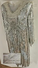 Vintage Le Mieux Sequined Silver Flapper Sawtooth Hem Dress Womens Sz M