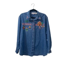 Westbound XL Denim Long Sleeve Gingerbread House Christmas Embroidered Top
