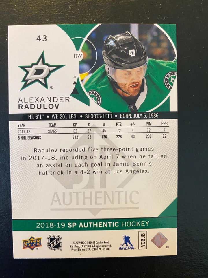 Alexander Radulov 2018-19 SP Authentic Upper Deck #43 Dallas Stars - Image 2 of 2