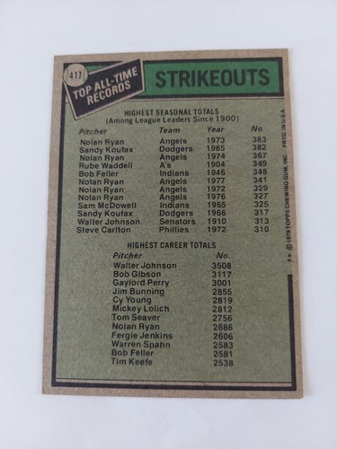 NOLAN RYAN WALTER JOHNSON 1979 Topps #417 All-Time Record Holders Strikeouts - Picture 2 of 2