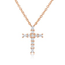 0.18ct 14k Rose Gold Natural Round Baguette Diamond Cross Pendant Necklace